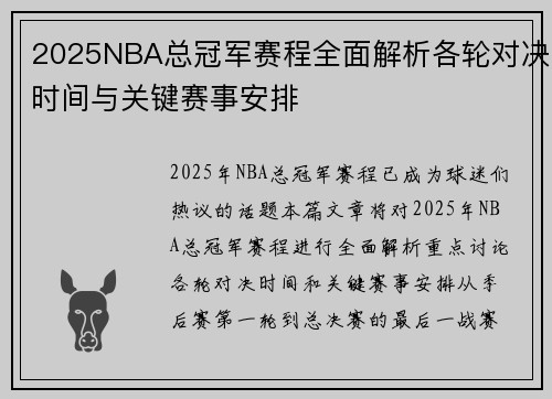 2025NBA总冠军赛程全面解析各轮对决时间与关键赛事安排