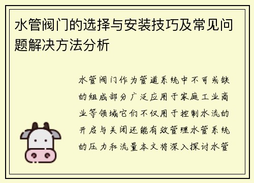 水管阀门的选择与安装技巧及常见问题解决方法分析